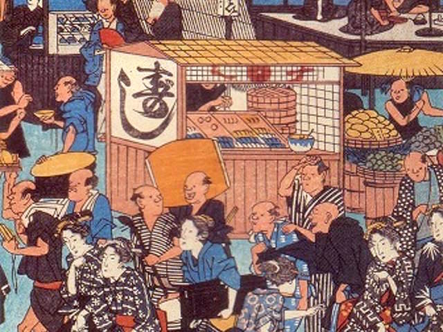 江戸の寿司屋台が月見行事に参加した様子（『東都名所高輪廿六夜待遊興之図』部分、歌川広重 画）の拡大画像