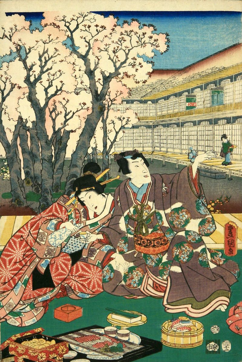 江戸時代の花見と寿司（見立源氏はなの宴』三代歌川豊国 画）の拡大画像
