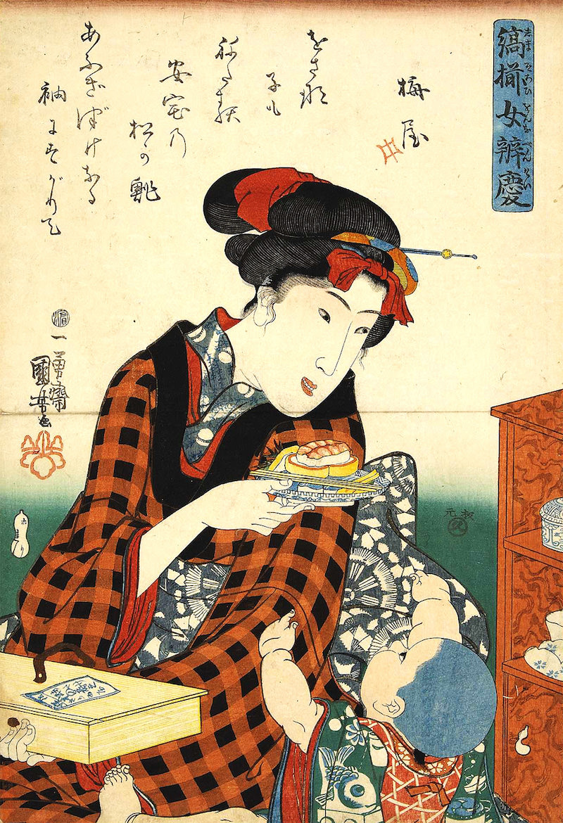 江戸時代の有名店・松のすし（『縞揃女弁慶 松の鮨』歌川国芳 画）の拡大画像