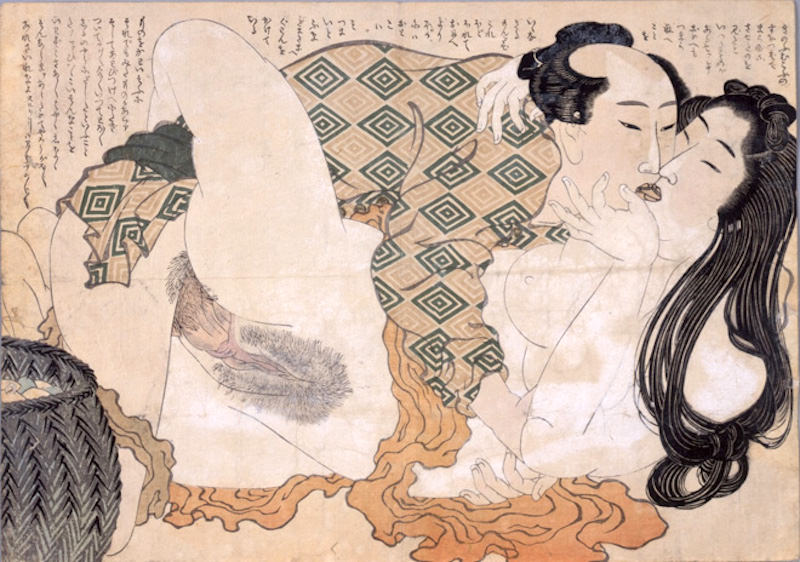 漁師と海女のカップル（『富久寿楚宇』、葛飾北斎 画）の拡大画像