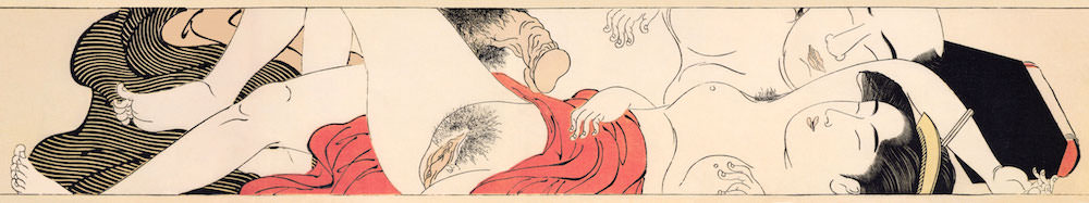 横長の春画（艶本『袖の巻』より、鳥居清長 画）の拡大画像