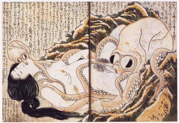 蛸と海女（艶本『喜能会之故真通』より、葛飾北斎（鉄棒ぬらぬら）画）の拡大画像