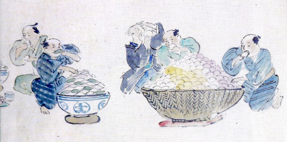 江戸時代の大食い大会の様子（菓子の部）の拡大画像