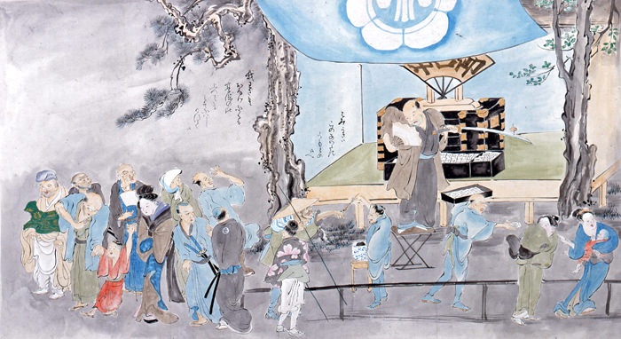 江戸時代の大食い大会で死亡した香具師・松井源水（『近世職人絵尽』より、鍬形蕙斎 画）の拡大画像