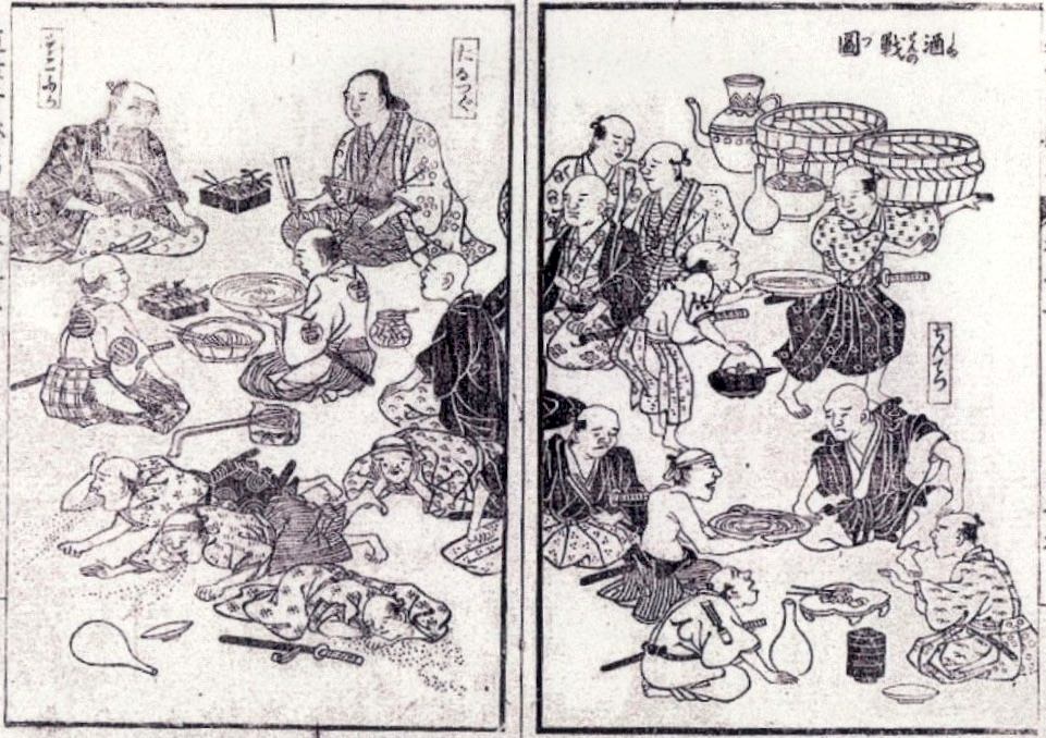 江戸時代の大酒飲み大会（慶安代酒戦図（『近世奇跡考』の酒戦の図より）の拡大画像