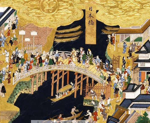 江戸時代の日本橋、にぎわっている（江戸図屏風より）