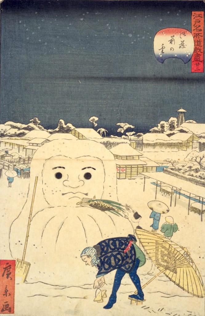 江戸時代の雪だるま（『江戸名所道戯尽』「廿二 御蔵前の雪」歌川広重 画）の拡大画像