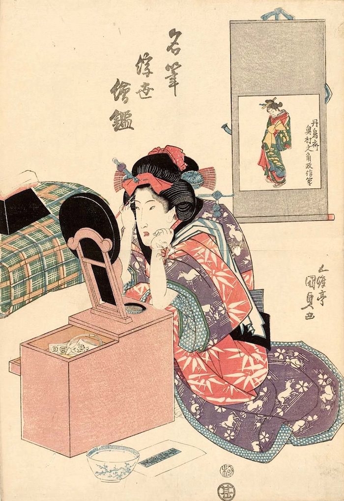 眉を描く江戸時代の女性（『名筆浮世絵鑑』五渡亭国貞 画）の拡大画像