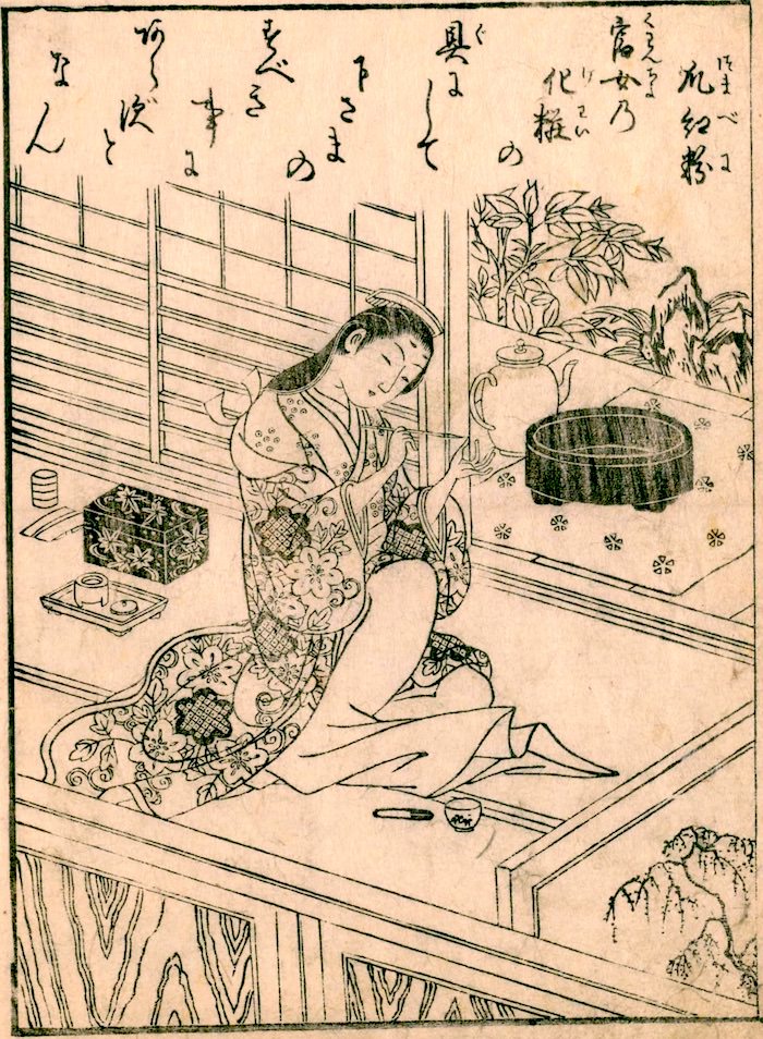 江戸時代のマニキュア「爪紅（つまべに）」をする女性（『絵本江戸紫』より）の拡大画像