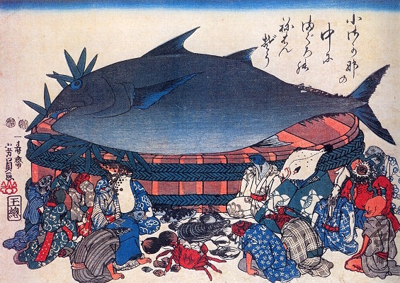 『魚づくし』「小魚の中の鮪の涅槃像」（歌川芳員 画）の拡大画像