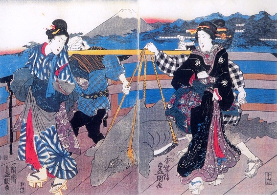 『魚づくし』「日本橋の朝景色」（三代目歌川豊国 画）の拡大画像