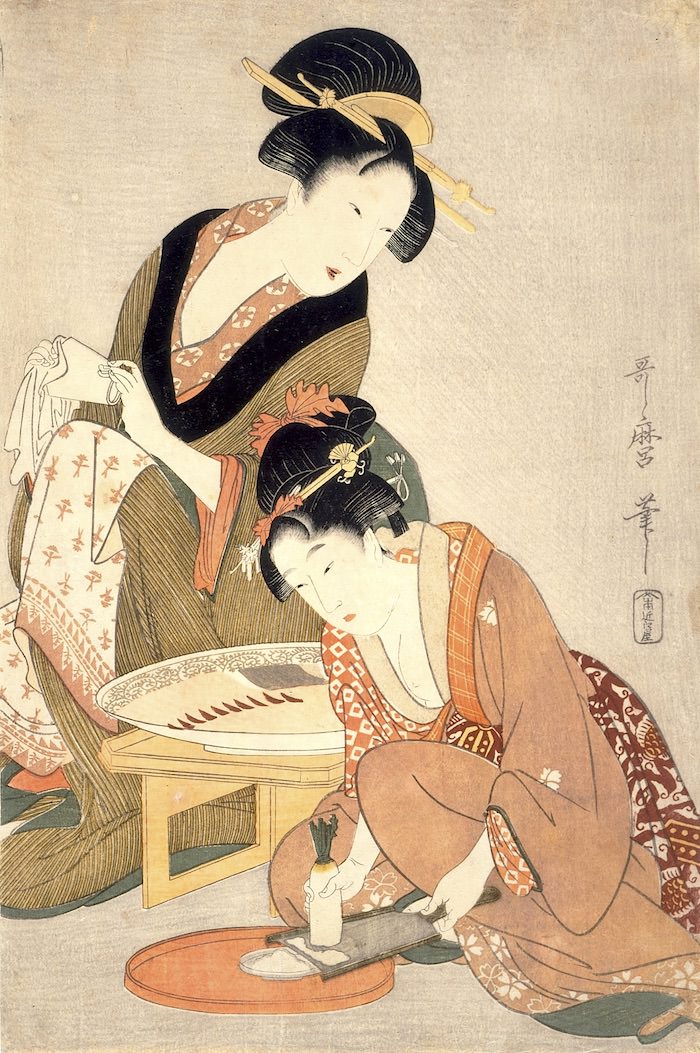 『料理をする母娘』（喜多川歌麿 画）の拡大画像