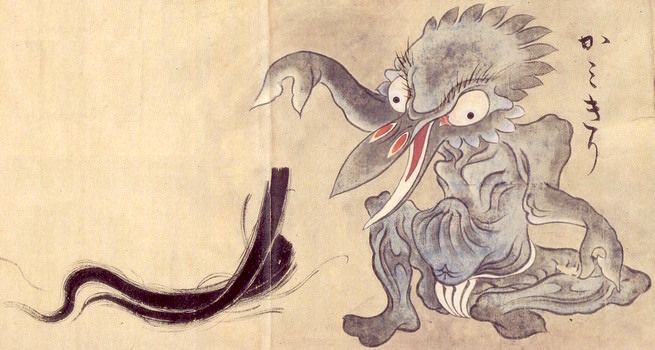 江戸時代の妖怪絵巻『百怪図巻』に描かれた「かみきり」（佐脇嵩之 画）