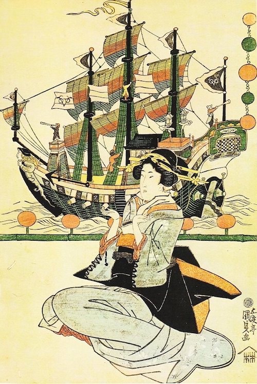 美人画の背景にギヤマン細工の異国船