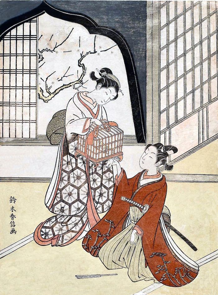 『鳥籠を持つ男女』（鈴木春信 画）の拡大画像