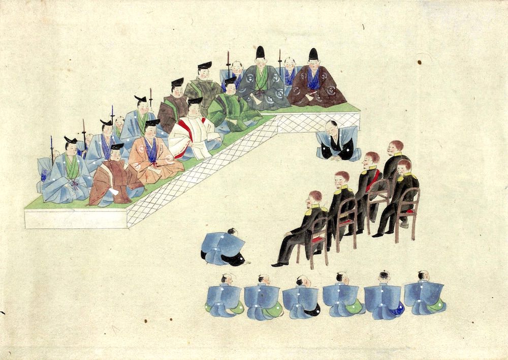ハリスを引見する将軍・徳川家定（『伝彼理登城将軍謁見之図』部分）の拡大画像