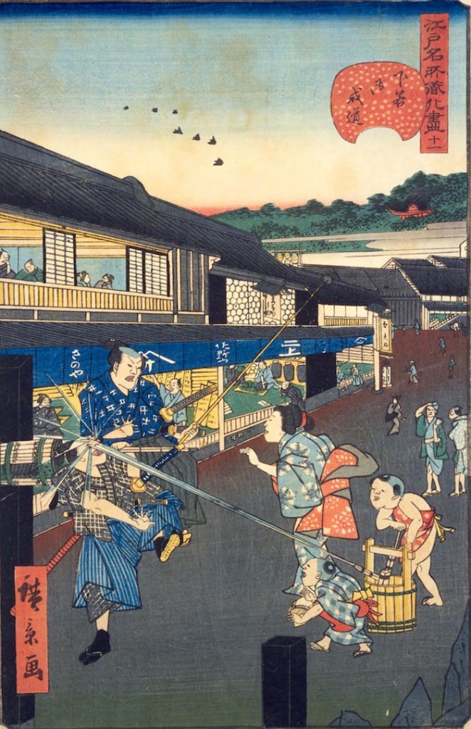 江戸時代の水鉄砲（『江戸名所道化尽』「下谷御成道」歌川広景 画）の拡大画像