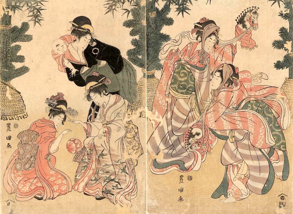 手まりで遊ぶ江戸時代の女の子（初代歌川豊国 画）の拡大画像