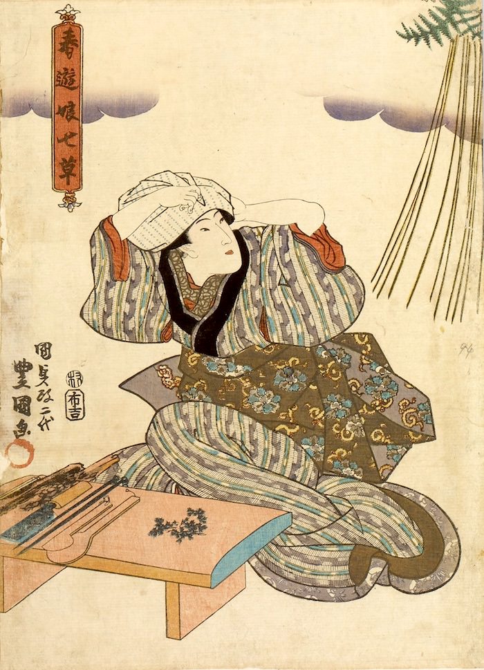 七草がゆをつくろうとする江戸時代の女性（『春遊娘七草』より　三代歌川豊国 画）の拡大画像