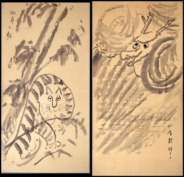江戸時代のゆるい龍と虎（『龍虎図』 仙厓義梵 画）の拡大画像