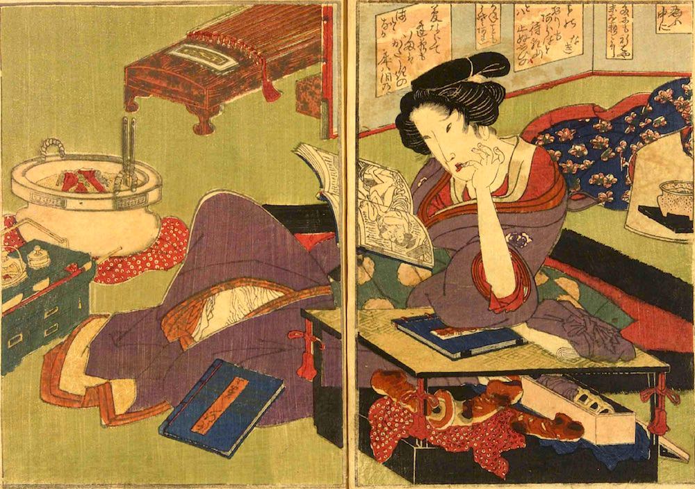 春画　艶本を読みふける女性（『逢夜雁之声』初代歌川豊国 画）の拡大画像