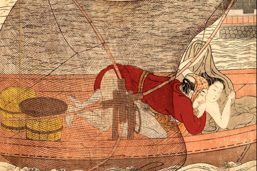 春画　漁船の上で性交をする男女（鈴木春信 画）の拡大画像