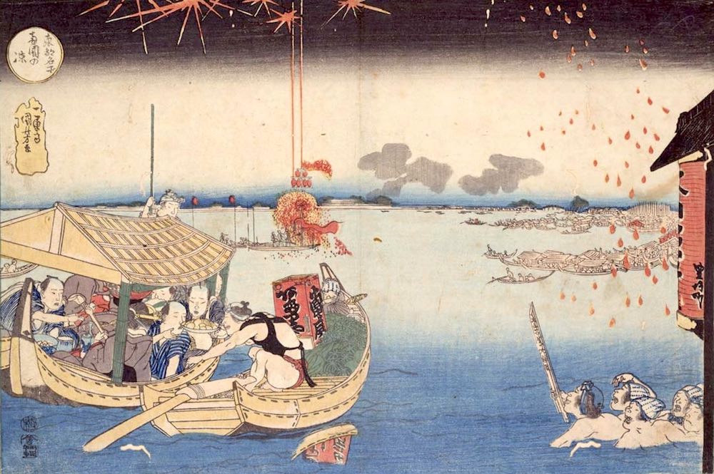 両国の花火を船上で楽しむ人々（『東都名所　両国の涼』歌川国芳 画）の拡大画像