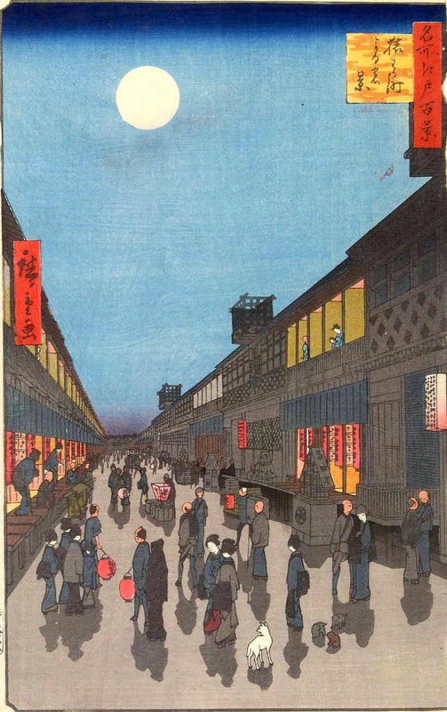 江戸時代の猿若町（『名所江戸百景』「猿わか町よるの景」歌川広重 画）の拡大画像