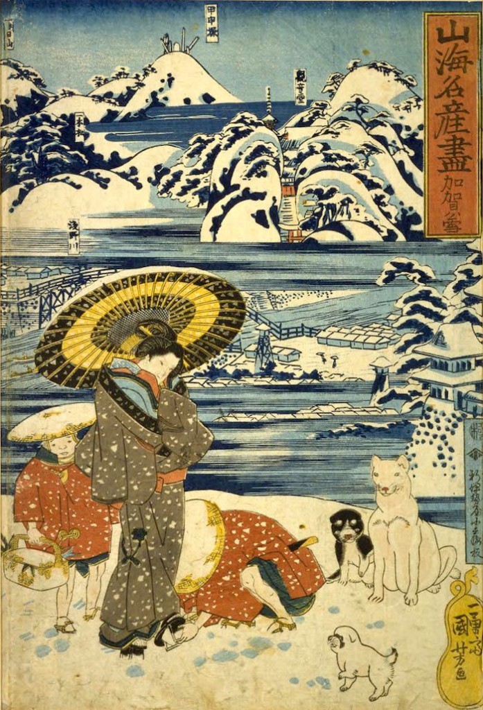 半合羽を着るお供の小僧さん（『山海名産尽　加賀ノ雪』歌川国芳 画）の拡大画像