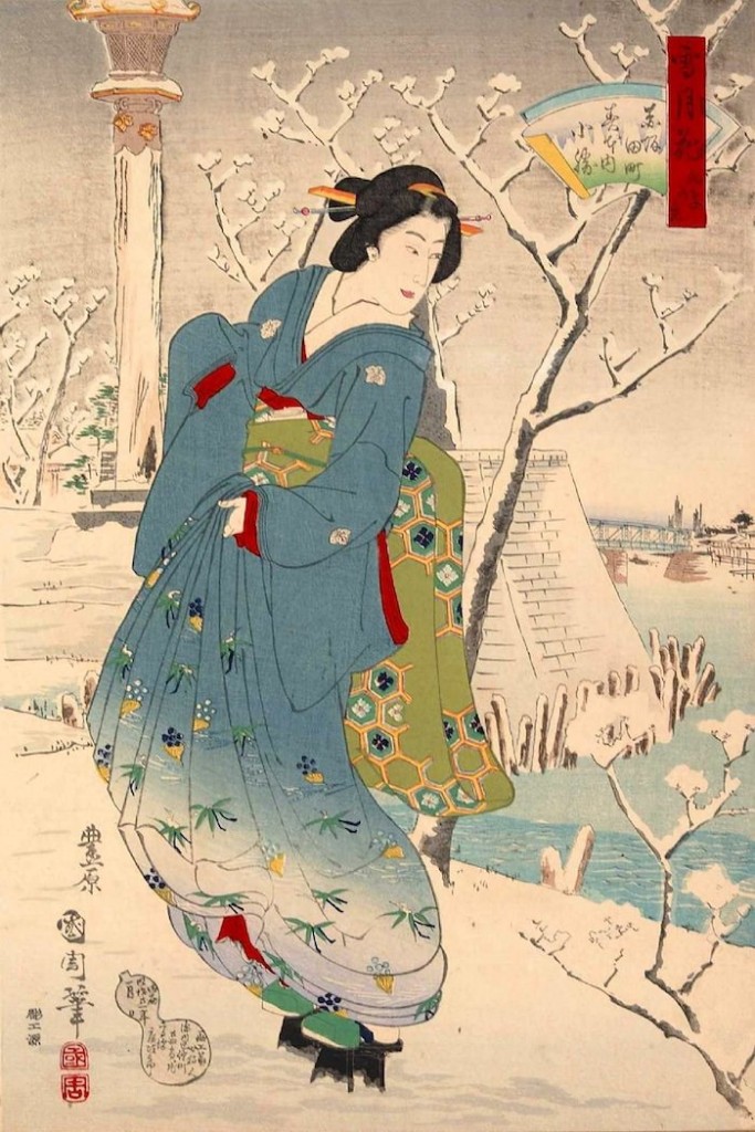 褄皮という雪の日や雨の日専用の履物を履く江戸時代の女性（『雪月花向島の景　赤坂田町春本内小緑』豊原国周 画）の拡大画像
