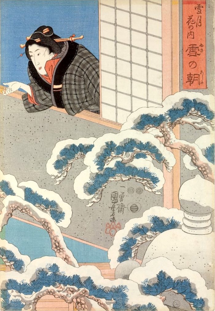 雪の朝、どてらを羽織る江戸時代の女性（『雪月花の内』「雪の朝」部分　歌川国芳 画）の拡大画像