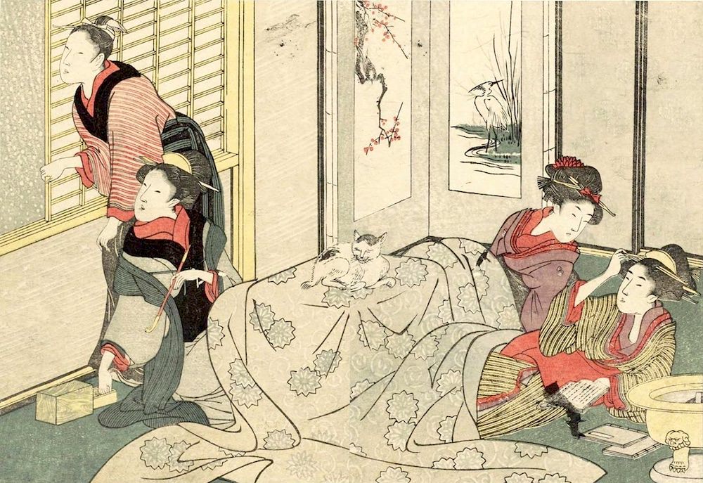 コタツの周りに集まる江戸時代の女性たち（『絵本四季花 下』喜多川歌麿 画）の拡大画像