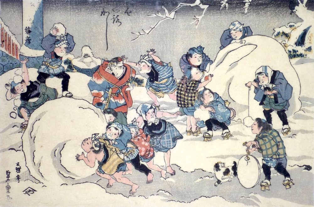 積もった雪で遊ぶ江戸時代の子どもたち（歌川国輝 画）の拡大画像