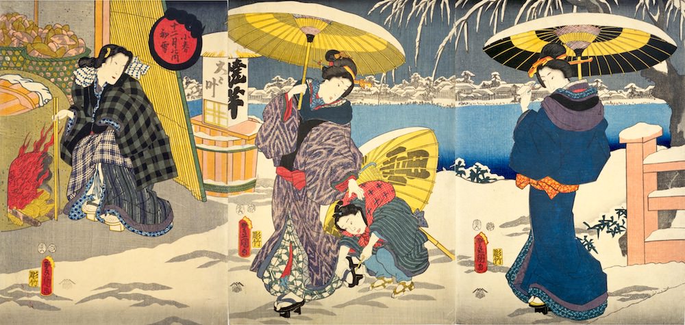 江戸時代の冬景色（『小春十二月の内初雪』三代歌川豊国 画）の拡大画像