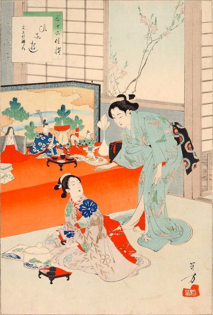 江戸時代のひな祭り（『三十六佳撰』「ひな遊 元文頃婦人」水野年方 画）の拡大画像