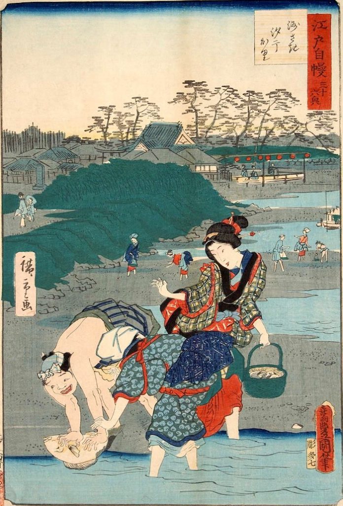 潮干狩りで脛や腕を露出する江戸時代の女性（『江戸自慢三十六興　洲さき汐干かり』歌川国貞 画）の拡大画像