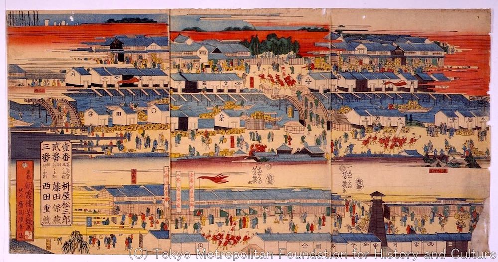 江戸時代の新酒の輸送レースを描いた浮世絵（『新酒番酒船入津繁栄図』落合芳幾 画）の拡大画像