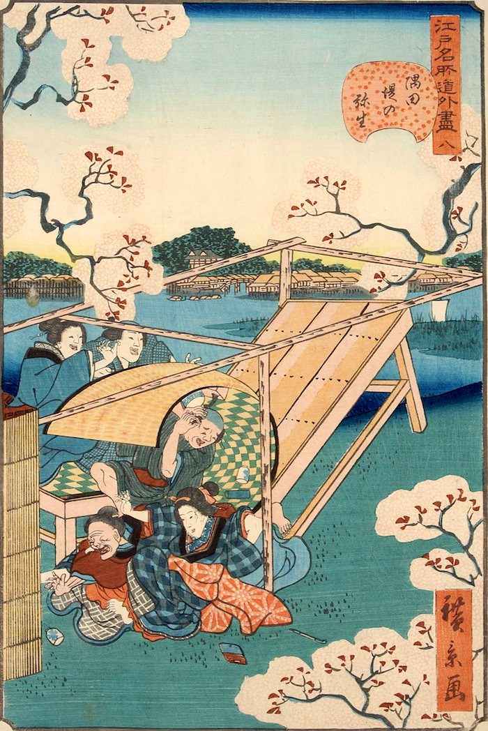 「八　隅田堤の弥生」（1859年）（『江戸名所道戯尽』より、歌川広景 画）の拡大画像