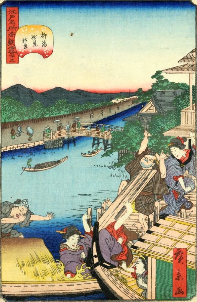 「三十三　柳橋妙見の景」（1860年）（『江戸名所道戯尽』より、歌川広景 画）の拡大画像