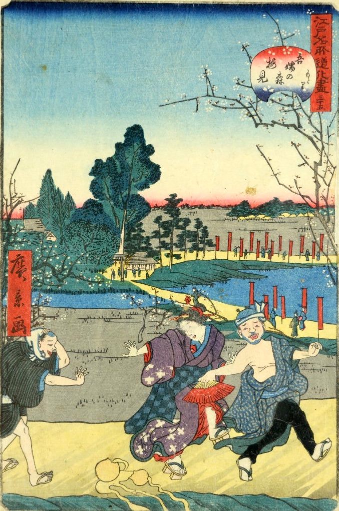「三十五　吾嬬の森梅見もとり」（1859年）（『江戸名所道戯尽』より、歌川広景 画）の拡大画像