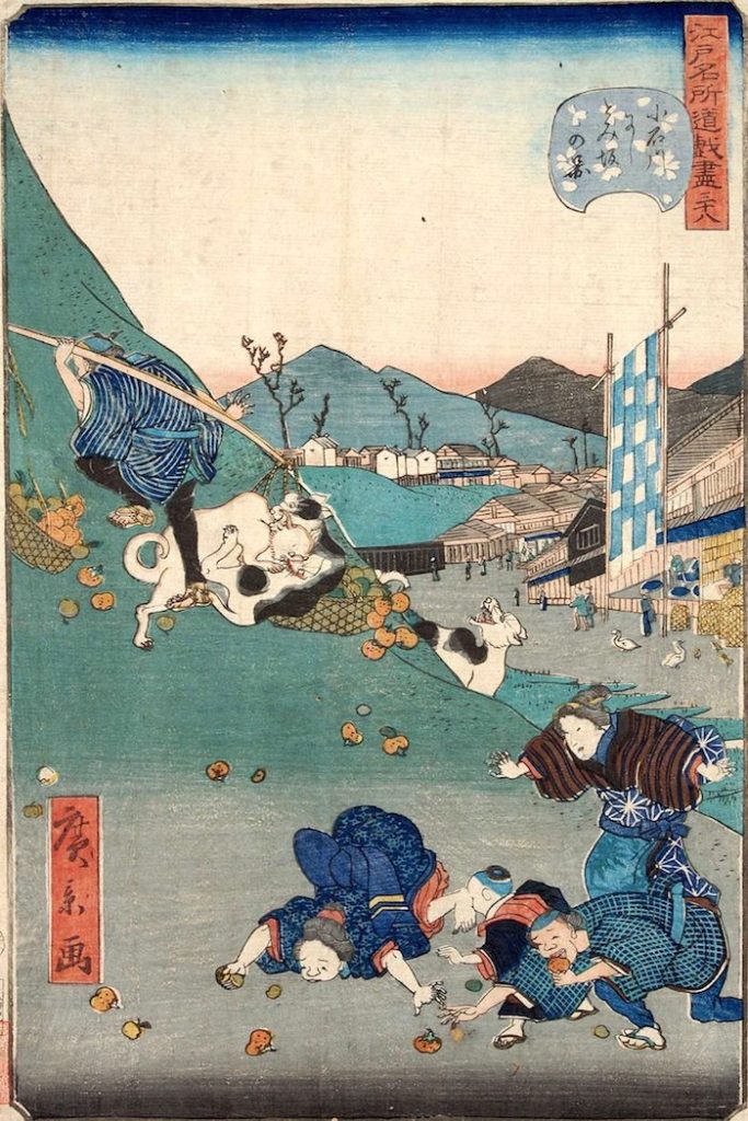 「三十八　小石川にしとみ坂の景」（1859年）（『江戸名所道戯尽』より、歌川広景 画）の拡大画像