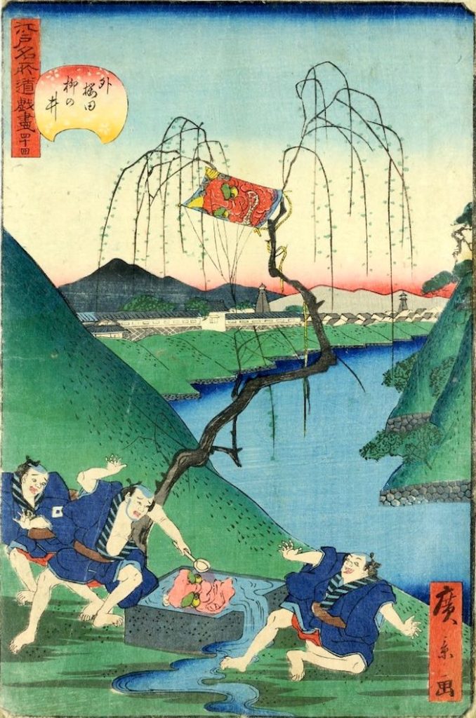 「四十四　外桜田柳の井」（1860年）（『江戸名所道戯尽』より、歌川広景 画）の拡大画像