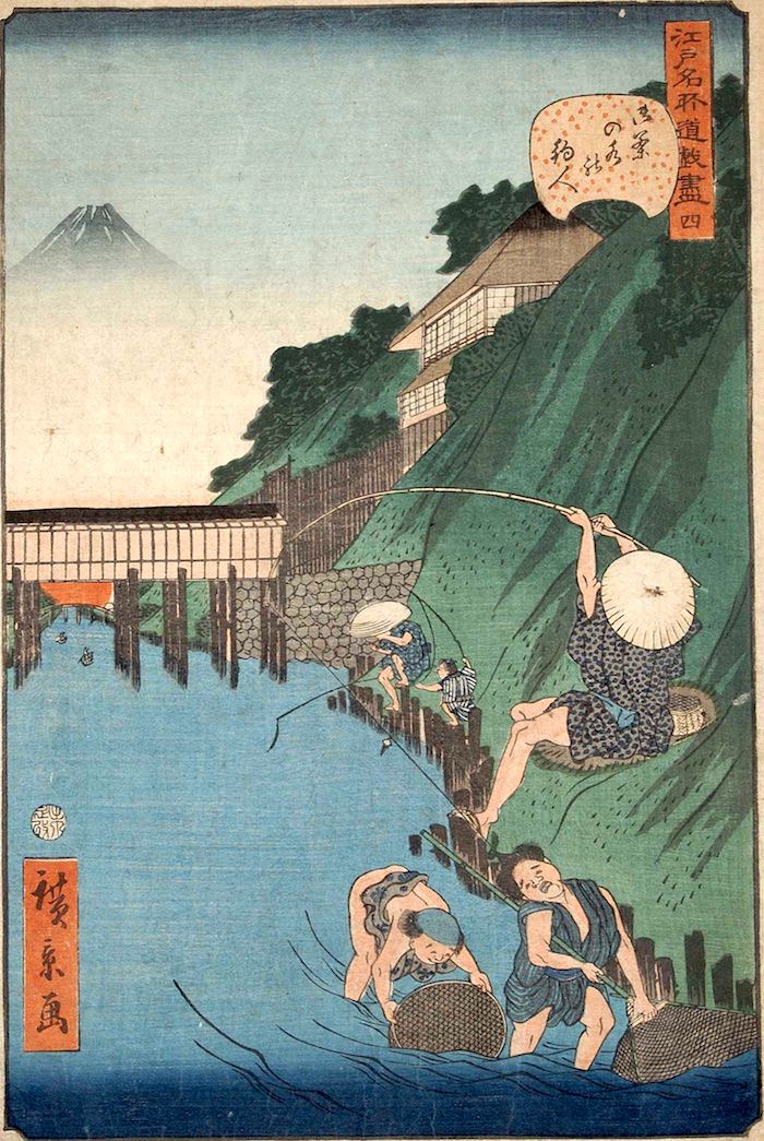 「四　御茶の水の釣人」（1859年）（『江戸名所道戯尽』より、歌川広景 画）の拡大画像