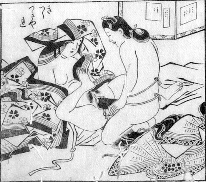 大奥の女中たちの性欲解消の様子を描いた奇書『床の置物』より（菱川師宣 画）（拡大画像）