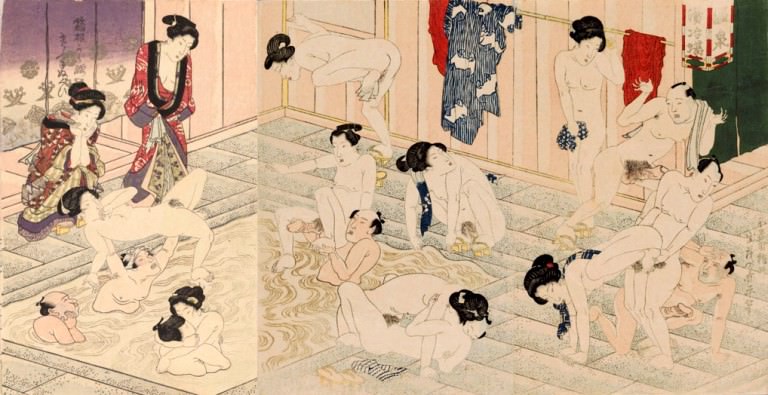 江戸時代のお風呂での乱交を描いた春画（歌川国貞 画）の拡大画像