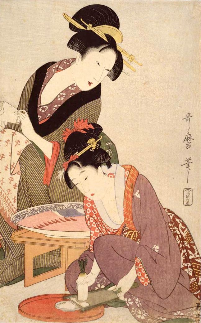 大根をおろす娘（『料理をする母娘』喜多川歌麿 画）の拡大画像