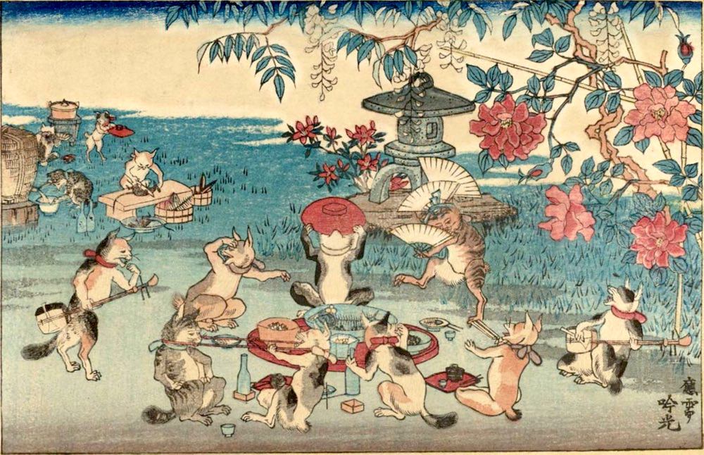 猫たちの宴会 浮世絵（安達吟光 画）の拡大画像