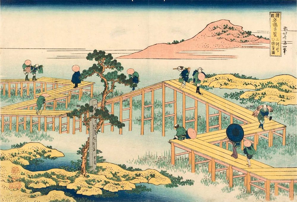 『諸国名橋奇覧』「三河の八ツ橋の古図」（葛飾北斎 画/1834年頃）の拡大画像