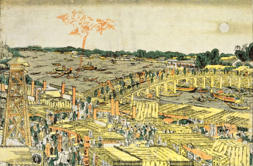 『新板浮絵両国橋夕涼花火見物之図』（葛飾北斎 画／1781-89年頃）の拡大画像