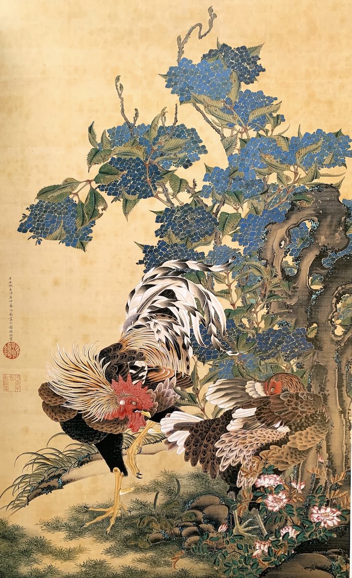 『紫陽花双鶏図（あじさいそうけいず）』（伊藤若冲 画）の拡大画像